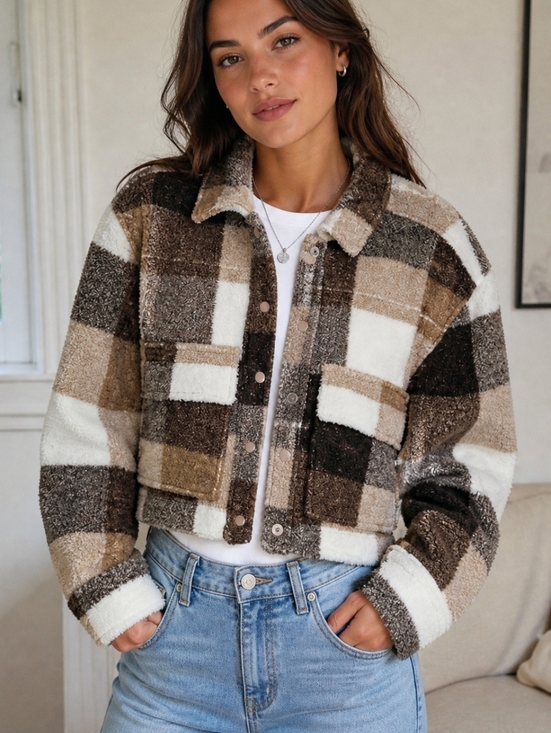 Abercrombie & Fitch Jackets & Blazers - Abercrombie & Fitch Women's Plaid Cropped Teddy Snap Button Jacket Shacket